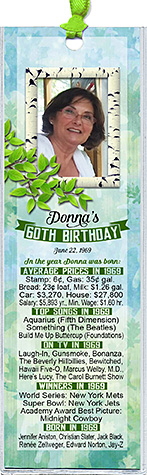 Year You Were Born Green Leaves Birthday Bookmark Favors are personalized with your photo and fun facts from the guest of honor's birth year.