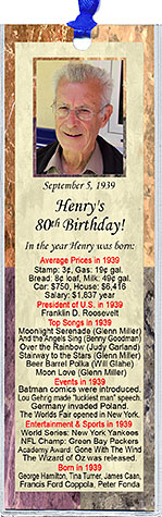 Year You Were Born Marble Birthday Bookmark Favors are personalized with your photo and fun facts from the guest of honor's birth year.