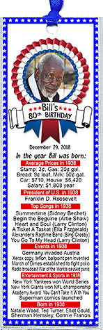 Year You Were Born Red White & Blue Birthday Bookmark Favors are personalized with your photo and fun facts from the guest of honor's birth year.