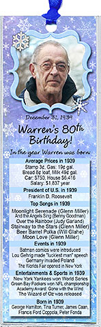 Year You Were Born Winter Birthday Bookmark Favors are personalized with your photo and fun facts from the guest of honor's birth year.
