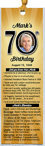 Your Trivia Birthday Number Bookmark Favors are personalized with your photo and a list of favorites & fun facts about the guest of honor.