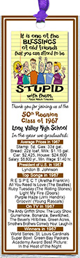 Old Friends class reunion bookmark favors are personalized with your school name and colors with fun facts from the year you graduated.