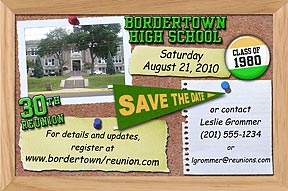 Bulletin Board Class Reunion Save the Date Cards are personalized with your school photo, name, year and colors.