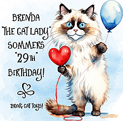A portion of an invitation designed for a cat lover's birthday party of a whimsical ragdoll cat standing up and holding a birthday balloon.