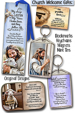 Samples of church welcome gifts: bookmarks, keychains, magnets, mint tins, all original designs,.<BR><BR> personalized with your church information for your church visitors.