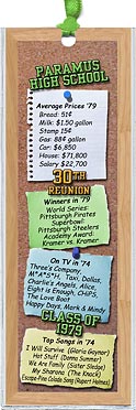 Bulletin Board class reunion bookmark favors are personalized with your school name and colors with fun facts from the year you graduated.