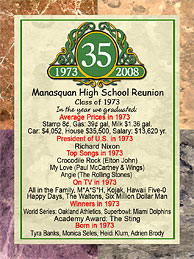 Class reunion 3 x 4 inch magnet favors in Classic Emblem design are personalized with your school name and colors with fun facts from the year you graduated.
