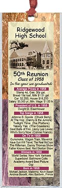 Marble class reunion bookmark favors are personalized with your school name and colors with fun facts from the year you graduated.