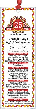 Classic Emblem class reunion bookmark favors are personalized with your school name and colors with fun facts from the year you graduated.