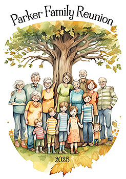 Custom clip art designed for a family reunion of the family gathered around a big tree.