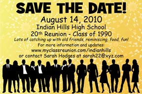 Join The Crowd Class Reunion Save the Date Cards are personalized with your high school reunion party information