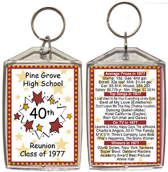 Class reunion key chain favors in Starburst design are personalized with your school name, graduating year, with fun facts from your graduating year on back