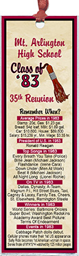 Tassel class reunion bookmark favors are personalized with your school name and colors with fun facts from the year you graduated.