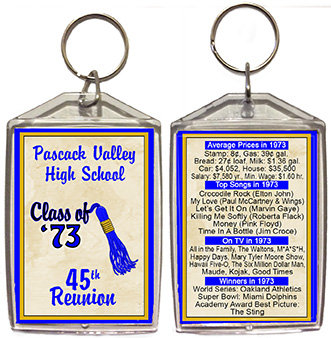 Class reunion keychain favors in Tassel design are personalized with your school name, colors and year, with fun facts from your graduating year on back.