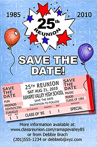 Tickets Class Reunion Save the Date Cards are personalized with your high school reunion information including school name, colors, date, etc